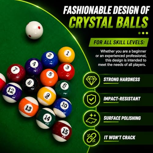 HMQQ Billiard Balls Set, 2-1/4" Regulation Size Pool Table Balls, Complete 16 Resin Pool Ball Set with Cue Ball, Smooth True Roll, Polished Finish for 8-Ball & Home Bar Tables - style: 2-1/4" Billiard Balls