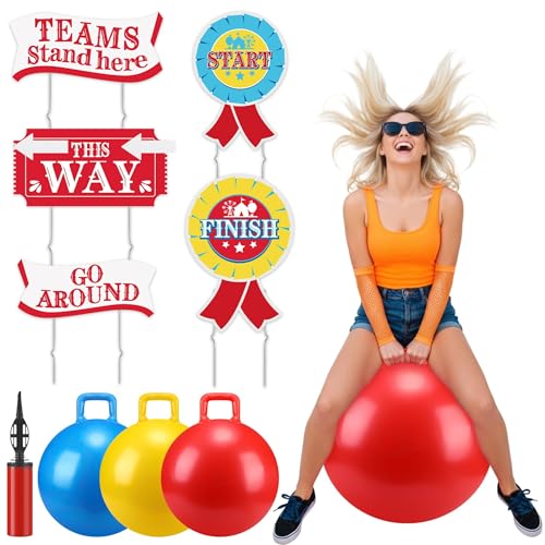 14 Pcs Outdoor Carnival Games 3 Hopper Bouncing Balls with Handle 5 Carnival Yard Sign with Stake 4 Hook-and-Loop 2 Arrow Hopper Relay Game for Field Day Backyard Lawn Birthday Family Party