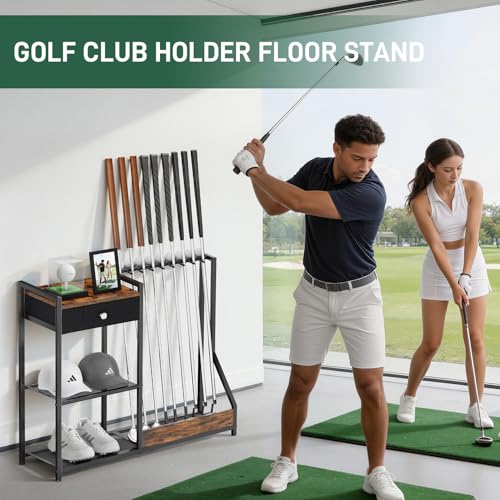 Large Golf Putter Stand, Golf Club Holder for 9 Clubs and 9 Balls Storage, Wood & Metal Golf Club Organizer, Golf Equipment Display Rack for Indoor Home Basement Garage, Club Simulator, Black