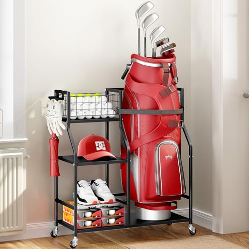 TOOLF Golf Bag Organizer, Golf Club Storage with Wheels, Sturdy Metal Golf Bag Holder Stand for Home, Garage, Outdoor, Includes 4 Storage Sections & Removable Hooks