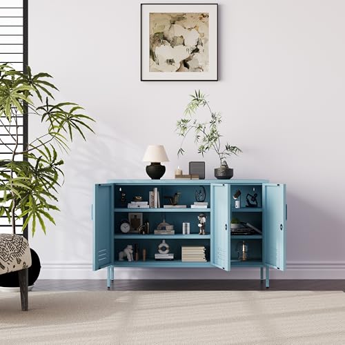 32" Wide 3-Door Lockable Metal Storage Cabinet with Accent Cabinet Locker, Heavy Duty Home Tool Cabinet, 2 Removable Shelves & Easy Assembly, for Home, Office, Entryway and Hallway Blue - color: Ocean, style: Cabinet-32"H-WL