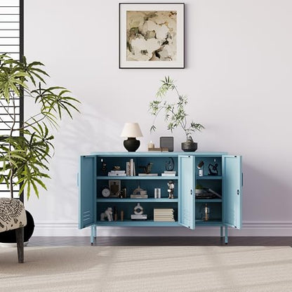 32" Wide 3-Door Lockable Metal Storage Cabinet with Accent Cabinet Locker, Heavy Duty Home Tool Cabinet, 2 Removable Shelves & Easy Assembly, for Home, Office, Entryway and Hallway Blue - color: Ocean, style: Cabinet-32"H-WL