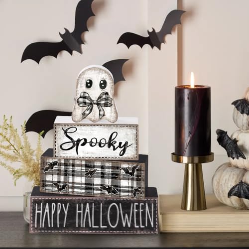 DIYDEC 4Pcs Halloween Table Decoration Happy Halloween Wooden Block Sign Ghost Rustic Tiered Tray Decor Centerpiece Sign for Farmhouse Holiday Tabletop Coffee Fireplace Shelf Desk Party Decor - style: Ghost
