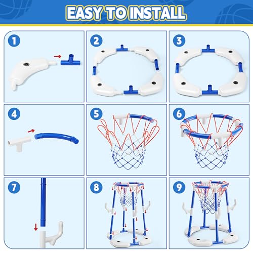3 in 1 Pool Basketball Hoop & Ring Toss Game for Kids 4-8 8-12 - Floating Pool Toys Set with 4 Basketballs, 12 Rings, 2 Target Boards, 12 Bean Bags, Pump - Backyard Swimming Pool Summer Birthday Gift - color: Blue