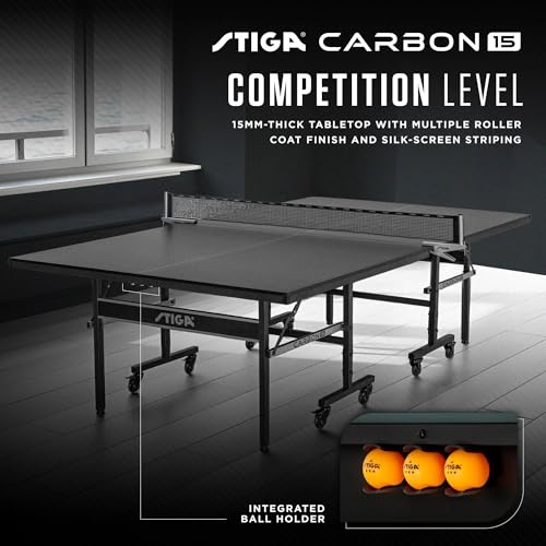 STIGA Carbon Series Indoor Table Tennis Table with 15mm - 18mm Performance Top, QuickPlay Assembly, Built-in Ball Storage, Foldable Playback Mode & Lockable Casters - style: Carbon 15