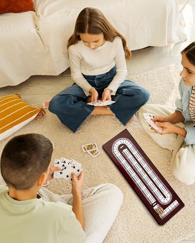 Wooden Cribbage Board Game Set with Cards & Metal Pegs – Foldable 3 Track Cribbage Board with Magnetic Lock, Large Storage Area – Travel Portable Cribbage Game for Adults & Family