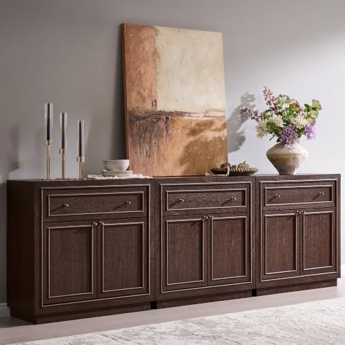 ACCOHOHO Modern Farmhouse Buffet Cabinet, 94.5" Sideboard Credenza, Modular Storage Cabinet with Framed Panel Fronts, 6 Doors, 3 Drawers, Adjustable Shelves & Dual Base Design, Natural Walnut - color: Natural Walnut, size: 3 Piece