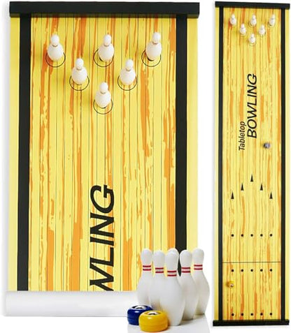 Bowling Game - Indoor Table Games for Whole Family, Kids and Adults - Portable Set w/Lane, 6 Pins, 2 Bowl Bearings - Play at Home Or Traveling