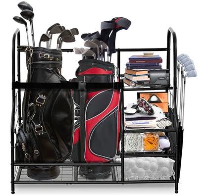 Morvat Golf Storage Bag Organizer, Fits Two Golf Bags, Metal Durable Rack Stand for Golfing Equipment, Golf Balls & Accessories, for Home, Garage, Basement, Shed (Style 2) - style: Style 2