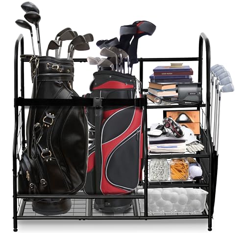 Morvat Golf Storage Bag Organizer, Fits Two Golf Bags, Metal Durable Rack Stand for Golfing Equipment, Golf Balls & Accessories, for Home, Garage, Basement, Shed (Style 2) - style: Style 2