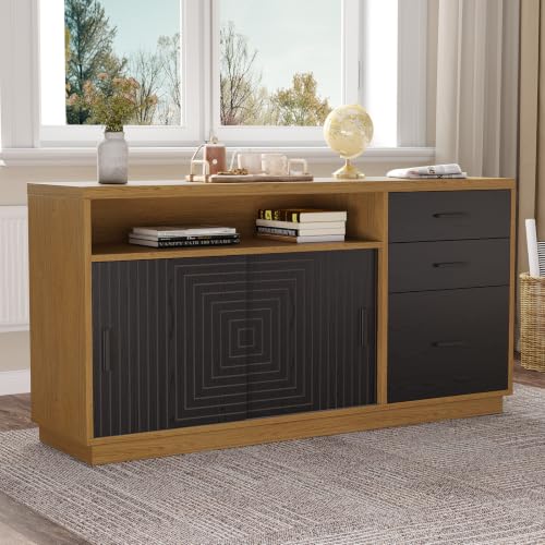 ONBRILL 55" File Cabinet, 3 Drawers Filing Cabinets for Home Office, Modern Office Storage Cabinet with Sliding Door&Adjustable Shelves, Printer Stand for Office, Living Room, Oak Brown - color: Oak Brown