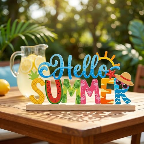 Hello Summer Table Decorations Summer Tropical Metal Table Sign Beach Holiday Tabletop Centerpiece Beach Tiered Tray Decor for Home Kitchen Mantel Party Centerpieces - style: Hello Summer
