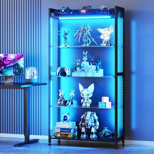 AODK Display Case with LED Lights, Display Cabinet with Glass Storage Shelves and Industrial Metal Mesh, 4-Tier Display Shelf for Collectibles, Curio Cabinet with Open Shelf, Black Book Shelf - color: Black