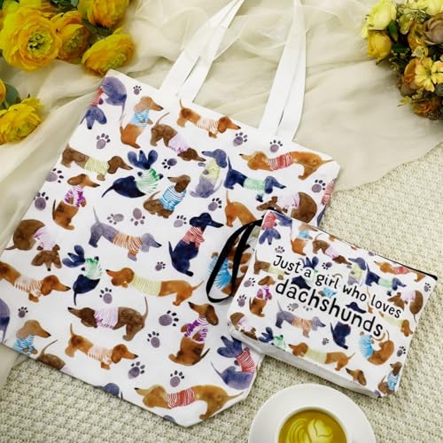 Sieral 2 Pcs Animal Lover Bag Gift for Women Travel Canvas Tote Portable Zipper Pouch Canvas Reusable Grocery Tote - style: Dachshund