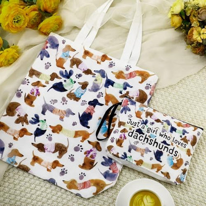 Sieral 2 Pcs Animal Lover Bag Gift for Women Travel Canvas Tote Portable Zipper Pouch Canvas Reusable Grocery Tote - style: Dachshund