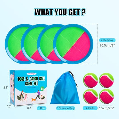 Toss and Catch Ball Game Set, 4 Paddles and 4 Balls Outdoor Paddle Catch Game for Kids, Backyard Beach Pool Yard Toy, Summer Birthday Gift for Boys Girls Ages 4-12 - color: Blue&green-1