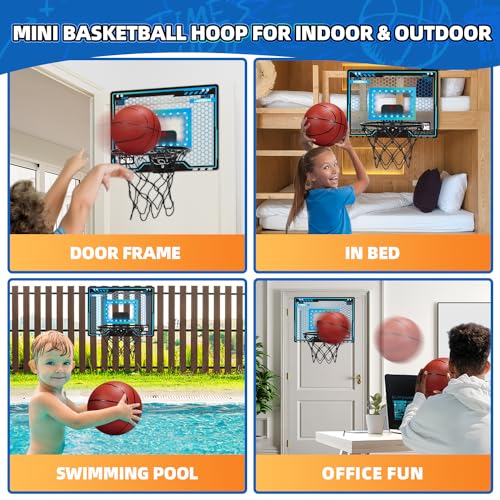 Indoor Mini Basketball Hoop for Kids, Over The Door Basketball Hoop with LED Lighting & 3 Balls, Mini Hoop Basketball Gifts for 4 5 6 7 8 9 10 11 12 Year Old Teen Boys Toys Christmas Birthday Gift