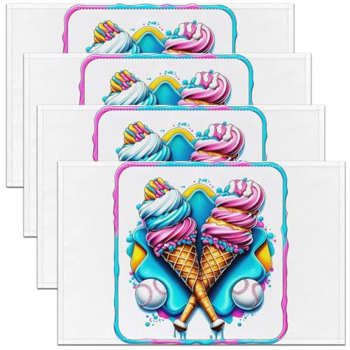 Baseball Kids Placemats Set of 4,Ice Cream Drip Biscuit Dessert Summer Table Place Mats,Ball Sport Gaming Unique Kitchen Decor,Blue Placemat Kitchen Table Decoration 12"x18" - color: Blue