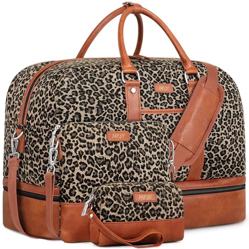 Weekender Bag for Women, Large Overnight Bag Canvas Travel Duffel Bag Carry On Tote with Shoe Compartment 21" 3Pcs Set - color: A02-brown+brown leopard