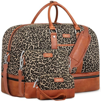 Weekender Bag for Women, Large Overnight Bag Canvas Travel Duffel Bag Carry On Tote with Shoe Compartment 21" 3Pcs Set - color: A02-brown+brown leopard