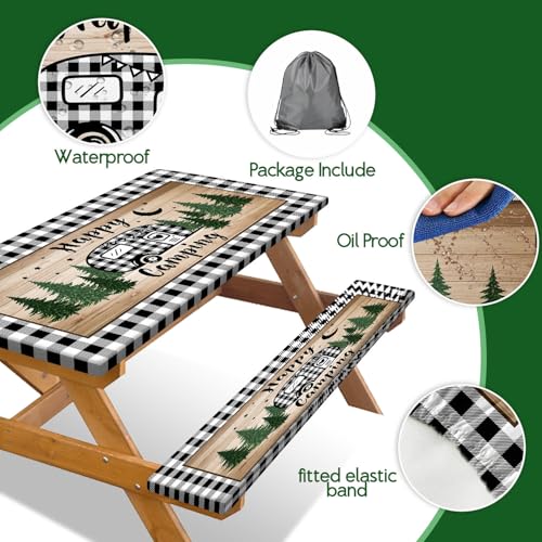 3PCS Picnic Table Cover with Bench Covers Elastic Edges, Farm Plaid Camping RV Waterproof Windproof Tablecloth with Drawstring Bag, Outdoor Patio Camping Essentials, 60in, Black White - color: Camping, size: 30X60inch