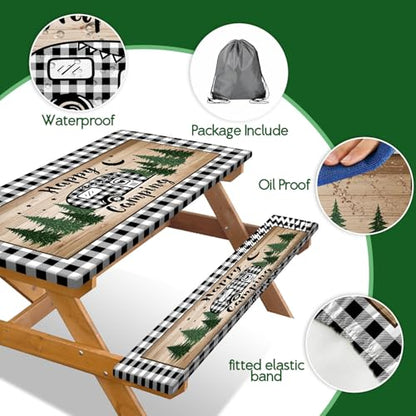 3PCS Picnic Table Cover with Bench Covers Elastic Edges, Farm Plaid Camping RV Waterproof Windproof Tablecloth with Drawstring Bag, Outdoor Patio Camping Essentials, 60in, Black White - color: Camping, size: 30X60inch
