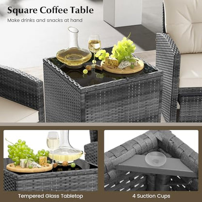 Tangkula 5 Pieces Patio Conversation Set, PE Wicker Rattan Outdoor Furniture Set with 2 Chairs, 2 Ottomans & Tempered Glass Coffee Table, Ideal for Poolside, Backyard, Lawn, Deck, Mix Grey & Off White - color: Mix Grey & Off White