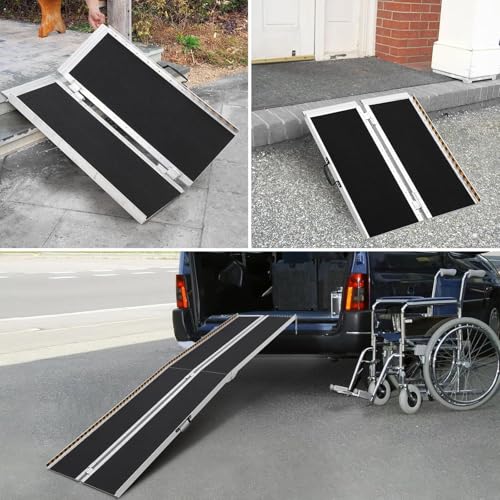 4 Feet Portable Wheelchair Ramp 600LBS Capacity Non-Skid Aluminum Handicap Ramps,Seamless Folding Threshold Ramp Wheel Chair Ramp for Doorways - size: 4Ft