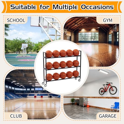 Colingmill Heavy Duty Basketball Rack with Wheels, Multi-Tier Rolling Ball Storage Cart, Sports Equipment Organizer for School, Gym, Club Shoot Training - size: 15ball