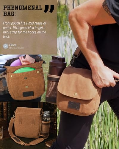Disc Golf Bag | Frisbee Golf Bag | Easy to Carry | Lightweight Fits Up to 10 Discs | 16 oz Waxed Canvas Sturdy Design | Belt Loop | Double Button Design | Bottle Holder - style: Waxed Canvas / Leather - Brown