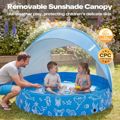 Large Kiddie Pool with Canopy, 79in Foldable Kids Pool, Baby Pool with Detachable UPF 50+ Sunshade, Portable Non-Slip Swimming Pool Dog Pool for Backyard, Beach, Outdoor Summer Water Play - size: 79IN
