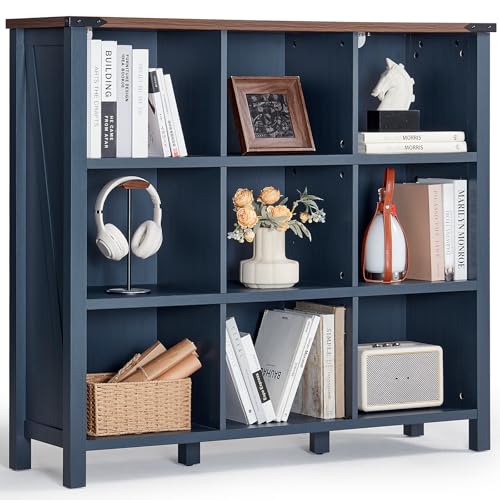 Joaxswe 9 Cube Bookcase, Farmhouse 47 Inch Wide Navy Blue Bookshelf, Wooden 3 Tier Display Large Open Book Shelf, Vintage Horizontal Book Case for Home Office, Cubby Storage Cabinet for Living Room - color: Navy Blue, size: 9 Cube (13.6 "D x 47.24 "W x 42