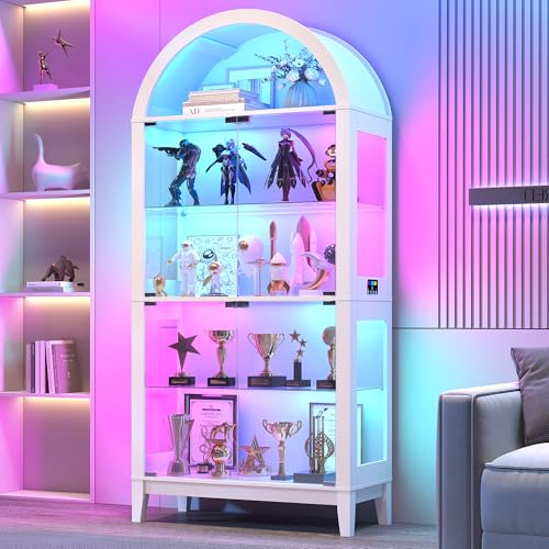 Gurexl 5-Tier Arched Display Cabinet - with RGB LED Lights & Motion Sensor,Freestanding Glass Door Display Shelves,Modern Storage Curio Cabinet for Collectibles,Toys, Lego,Living Room,Bedroom,White - color: White-80008