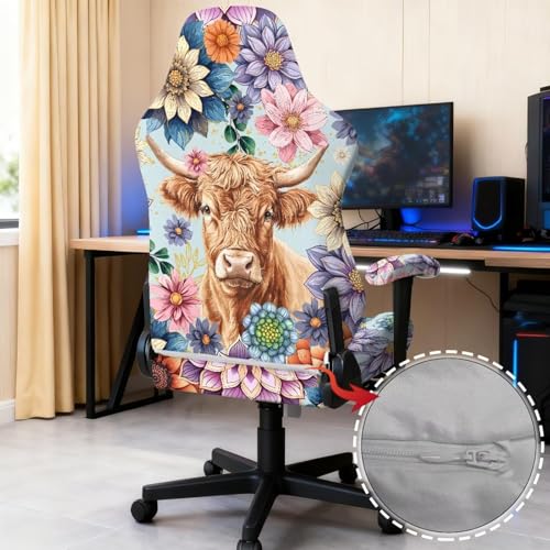 Highland Cattle Print Gaming Chair Covers Slipcovers with Armrest Covers Boho Mandala Flower Print Office Desk Chair Cover Scratch Proof Anti-Dust Universal Fit - color: Multi - Highland Cattle Boho Mandala Flower