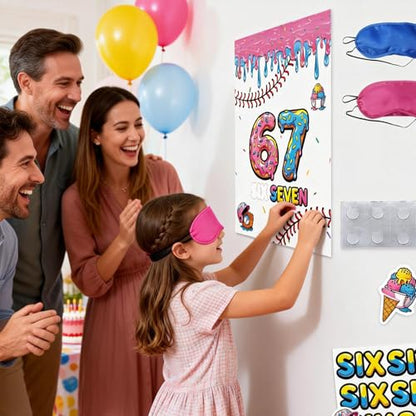 67 Meme Themed Pin the Tail Party Game, Birthday Donut Design with Blindfolds and Stickers, 70x52cm