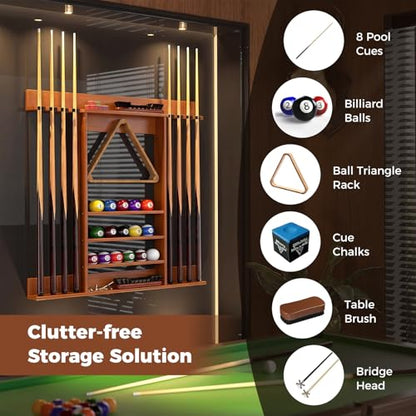 Goplus Pool Cue Rack, Wall Mounted Billiard Stick Holder, Made of Solid Pine Wood, Holds 8 Cues & Full Ball Set & 1 Ball Rack, Compact Billiards Accessories for Club, Bar (Brown)