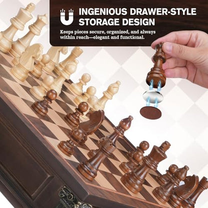 Peradix Magnetic Chess Set with 2 Built-in Storage Drawers, 15'' Wooden Strategy Board Games, 2 Extra Queens, Luxury Magnet Chess Game for Adults, Kids and Family Game Night, Gift Package - size: 15 Inches