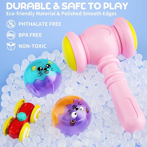 2-in-1 Light-Up Ball Drop & Car Ramp Track Toy with Hammer for Toddlers | Hammer, Launch, Roll and Race with a 2-in-1 Track Toy Made for Hands-On Fun - color: Pink + Purple + Cyan + Peach