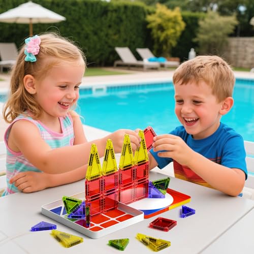 WMXDU Mini Magnetic Tiles with Iron Case, Magnetic Building Toys Kid's Travel Essential Portable Creativity On-The-Go Magnet Blocks STEM Travel Toys for Toddler Boys Girls Ages 3+, 26-Piece - style: 26pcs-Orange