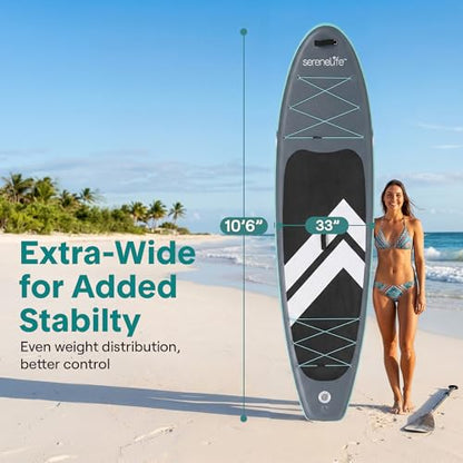 SereneLife 10’6” Inflatable Stand Up Paddle Board with Premium SUP Accessories - 32” Wide Stable Design with Non-Slip EVA Deck Pad, for Youth and Adults, 350 lbs. Capacity - color: White