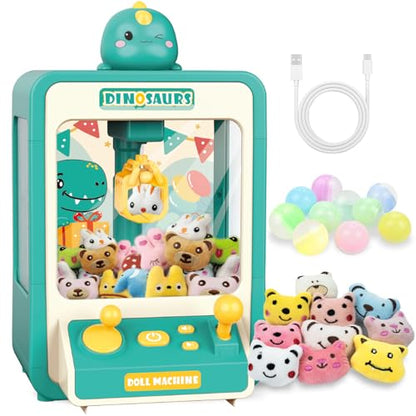 Claw Machine for Kids, Dinosaur Claw Machine Arcade Toy for Girls Boys 3+, Mini Vending Machine for Kids with 10 Mini Plush Toys, Electronic Party Prize Candy Dispenser Toy Game for Birthday Gift