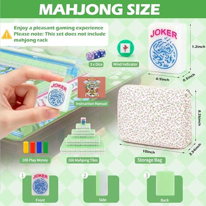 Jolitac American Mahjong Tile Set with 166 Tiles, 1.2-Inch Tiles & Accessories, Mahjong Gift Set with 3 Blue Dice and Mahjong Tile Bag, Portable Travel Game for Adults, Family Night, Gift (No Rack) - color: Green