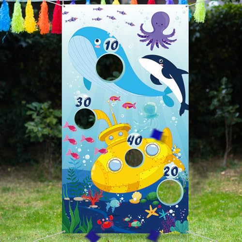 Blulu Ocean Animal Toss Games Banner with 4 Bean Bags Toss Game Indoor Outdoor Dolphin Whale Octopus Blue Birthday Party Decorations for Ocean Animal Theme Party Supplies Photo Background Backdrop