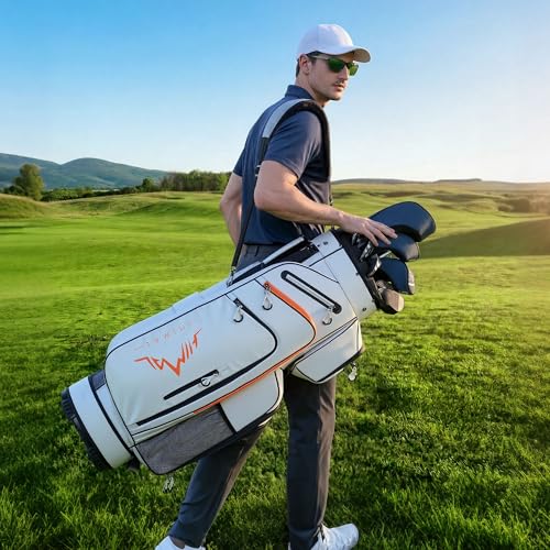 uniHimal T-Lock Golf Cart Bag with Quiet 14-Way Full-Length Divider Top | Golf Bag for Men with Magnetic Pocket, Cooler Pocket, Handle and Rain Cover - color: White Orange