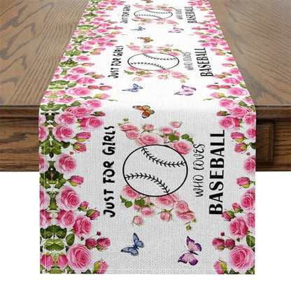 Erosebridal Cartoon Baseball Table Runner,Sports Game Lover Table Runners,Garden Wildlife Rectangular Runner Tabletop Decor,Pink White,13x90 Inch - size: 13" X 90"