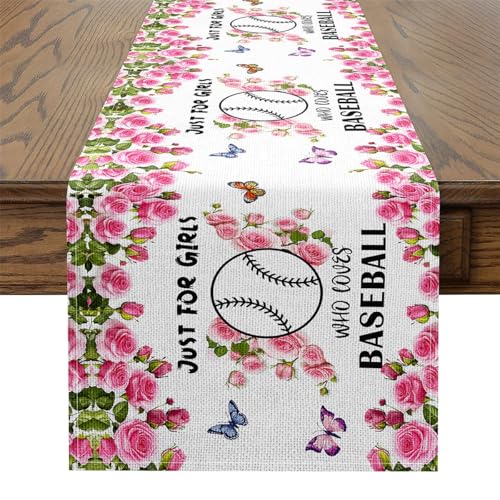 Erosebridal Cartoon Baseball Table Runner,Sports Game Lover Table Runners,Garden Wildlife Rectangular Runner Tabletop Decor,Pink White,13x120 Inch - size: 13" X 120"