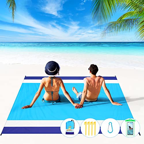 BYDOLL Beach Blanket Waterproof Sandproof Large Sand Free,78''X81''/10'X9' Oversized Sandless Lightweight Blanket Picnic Mat for Beach Travel Camping Hiking with Stakes - color: Blue White, size: 78"X81"
