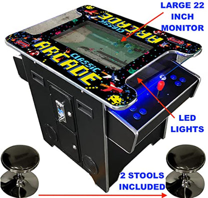 TOP US VIDEO ARCADES Full Size Commercial Grade Cocktail Arcade Machine 2 Player Retro 412 Games 22" LCD Screen Tempered Glass 2 Stools Included 5 Year Warranty Black