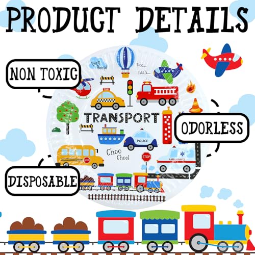 Transportation Party Supplies - Theme Birthday Party Tableware Set with Plates, Napkins, and Forks - style: Transportation