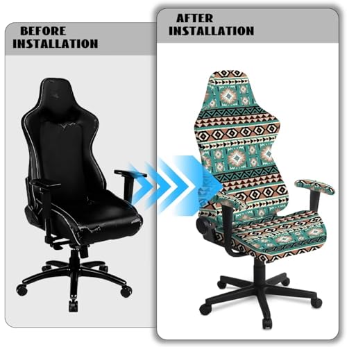 Suobstales Aztec American Tribal Pattern Gaming Chair Cover, Stretchy 4 Pcs Ergonomic Office Computer Game Chair Slipcovers with Armrest Covers/Back Covers/Seat Cover for Reclining Racing Gaming Chair - color: Aztec American Tribal